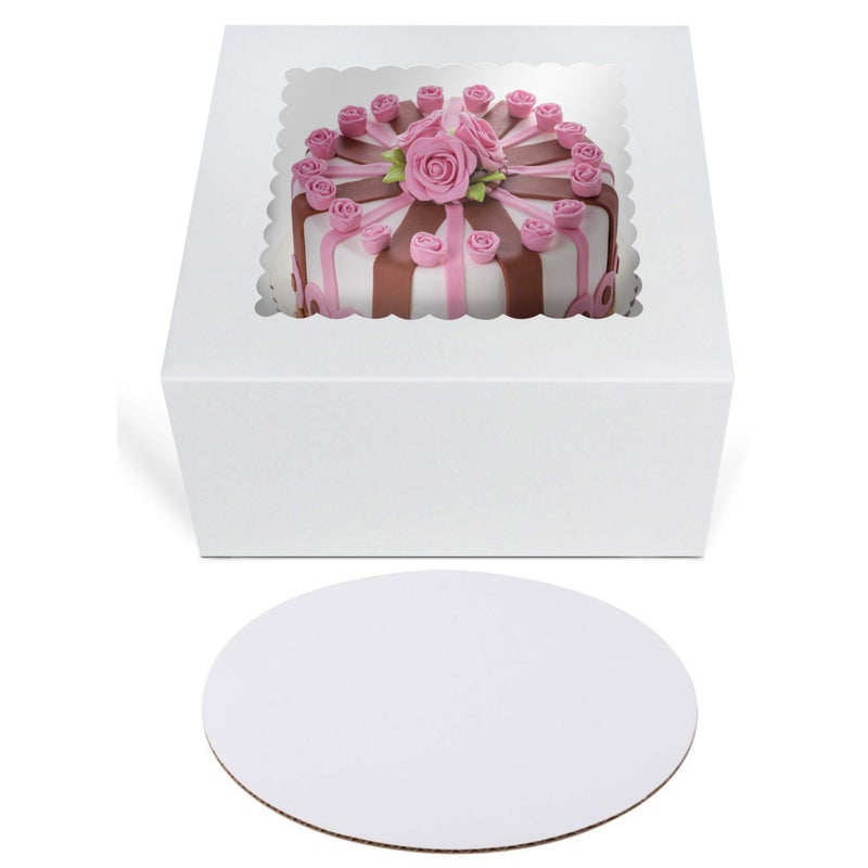O'CREME Cake Boxes 8" x 8" x 5" and Round Cake Boards 8" Inch, Bakery Box with Window - 10 Pack of Each - White Kraft Paperboard - Bakery Cake Supplies - 10 Pack - Image 1